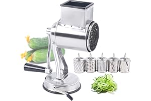 WOQLIBE Râpe à tambour en acier inoxydable - Trancheuse à légumes manuelle - Râpe à pommes de terre avec manivelle et 5 tambours, râpe à concombre multifonction pour légumes, oignon, carottes