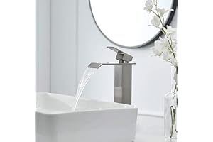 Djedjeo Grifo de cascada para baño, grifo de lavabo de una manija, grifo de lavabo de ahorro de agua; boca caliente y fría, grifo de baño de latón en acero inoxidable (cepillado-h)