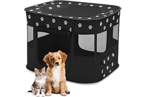 ALLSOPETS Parc pour Chien Pliable, Enclos Portable pour Chiot Chat Lapin, Tente Respirante d’Intérieur/Extérieur avec Sac de Transport, Idéal pour Voyage et Camping (Patte Noire, M)