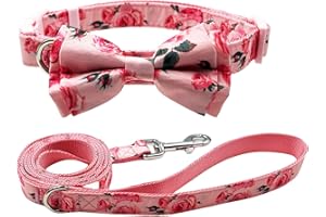 Olahibi Dog Bowtie Collar and Leash Combo Set, Pink Rose Pattern, Nylon Webbing Plus Cotton Ribbon, 150CM Leash, for Medium Dogs.(M, Pink Rose)