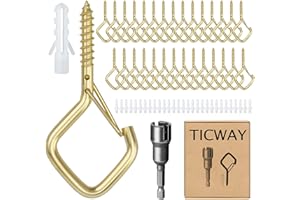 Ticway 30 Pcs Outdoor Hooks for String Lights,Screw Hooks for Hanging Plants,Ceiling Hooks with Safety Buckle,Square Hanger for Wind Chimes,Bird Feeder,Lanterns,Christmas Decorations Gold
