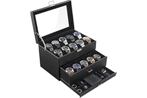 ProCase Organizadora para Relojes para Hombre, 20 Ranuras Caja Organizadora de Joyería de 3 Capas con Cajón Estuche de Almacenaje con Tapa de Cristal Vitrina Expositor -Negro Puro