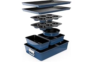 NutriChef Set Padelle Antiaderenti 8 Pezzi, Teglie da Forno Antiaderenti, Stampi Torta Rotonda, Plumcake, Muffin, Teglie Ampie/Quadrate, Piastra Biscotti, Blu