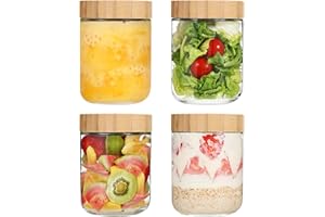 LIMILI Overnight Oats Jar, 4 Pack Glass Overnight Oats Containers with Wooden Lids, Wide Mouth Glass Jars Breakfast Pots for Cereal, Yogurt, Salad, Chia Pudding (500ml - 4pcs)