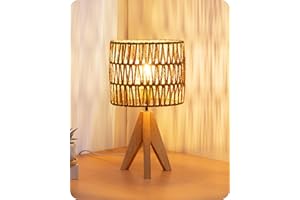 EDISHINE Lampe de Chevet Trépied en Bois Massif, E27 Ampoule de 2700K 4W Incluse, Abat-jour en Corde Tissée à la Main, 20 x 20 x 36 cm, Lampe de Table Moderne pour Chambre, Salon, Hôtel