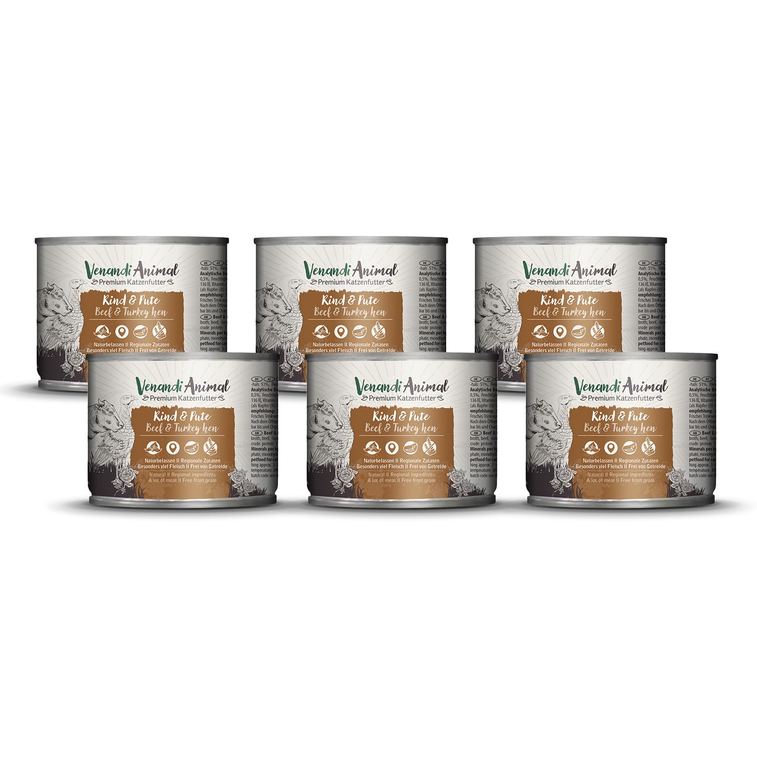 Venandi Animal, Comida húmeda para Gatos, Ternera y Pavo, 6 x 200 g, Pack de 6, sin Cereales con Carne