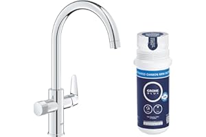 GROHE Blue Pure StartCurve - Starter Kit for Filtered Water (Kitchen Sink Tap, High C-Shape, 150° Swivel Spout, Under-Sink Activated Carbon Filter Set, Tails 3/8 Inch), Size 411 mm, Chrome, 30593000
