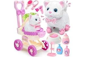 Tacobear Katzen Spielzeug Kinder 2 3 4 Jahre Kuscheltier Spielzeug Interaktives Haustier mit Elektronisch Plüsch Katze & Puppenwagen & Friseur Set Fütterung Zubehör Geschenke für Mädchen 3 4 5 6 Jahre