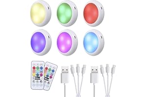 GREESUIT Luces debajo del gabinete LED inalámbricas - Recargable Disco de luz para armario Carga USB RGB Regulable Control remoto Brillo ajustable para cocina Estantería Escaparate Armario Despensa (6PCS)