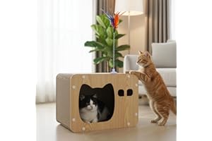 Skylos Cat Scratcher & House – Multi-Angle Scratching & Cozy Resting Space, Corrugated & MDF Boards, Interactive Spring Mouse, 30x39x30cm