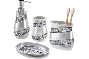 Creative Scents Mosaic Glass Bathroom Set – 4Pc Accessories Gift Set Includes Dispenser, Bin, Toothbrush Holder, Tumbler & Soap Dish – Stunning Silver Finish