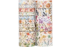 LGEGE Juego de 18 rollos de Washi Tape cinta floral, 7,5/15 mm de ancho, estampado de flores coloridas de papel dorado, cinta adhesiva japonesa para álbumes de recortes, diario bala (3 m)