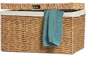 Casa Mina® Laundry Chest with Lid, 50 x 30 x 35 cm High, Breathable Woven Laundry Chest Made of 100% Natural Fibre, Robust Laundry Hamper with Handles and Washable Inner Bag, Laundry Chest - Bali