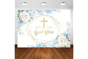 Avezano God Bless Baptism Backdrop 7ft x 5ft First Holy Communion Christening Background Decor Blue Flower Boy Baby Shower Banner Photo Shoot Booth Studio Props