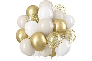 JOBKOO White and Gold Balloons, 12 Inch White Sand Gold Party Balloons with Gold Confetti Balloon, Gold White Cream Beige Latex Helium Balloons for Birthday Boho Wedding Anniversary Engagement Decorations