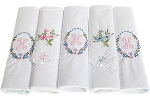 Surf the Shop Pack of 5 Ladies Initial Embroidered White Handkerchiefs with Satin Border and Matching Floral Handkies, Various Letters