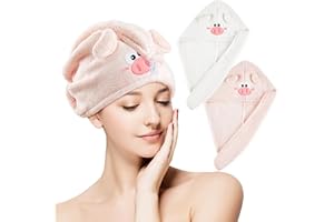Tatuo 2 Count Microfiber Hair Towel Absorbent Hair Towel Wrap Cute Cartoon Rapid Drying Anti Frizz Turban Head Wrap for Women or Girls Kids(White,Light Pink,Pig)