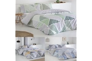 COTTON ARTean Funda Nordica 150x190 / 200 Reversible GEKA Verde. Funda edredón nórdico 240x220 Cama de 150 X 190/200 + 2 Fundas de Almohada. 50% ALGODÓN-50% POLIÉSTER. Color Verde Cierre con Botones