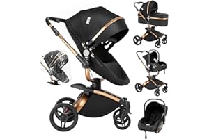 Veitoalioy Cuir PU Poussette 3 en 1, 360°Siège Pivotant Poussette Bebe Pliante, Haute vue Poussette Poussant Avant Et Arrière, Système De Voyage Pour Bébé 0-36 Mois (906 Black)