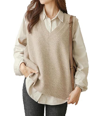 Hyipels Gilet A Maglia Oversize Donna - Scollo A V, Senza Maniche, Lavorato A Treccia, Colore Beige, Taglia L, In Acrilico E Spandex