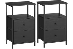 ‎VASAGLE VASAGLE Nachttisch 2er Set, Beistelltisch mit 2 Stoffschubladen, Couchtisch mit Ablagen, 61 cm hoch, für Wohnzimmer, Schlafzimmer, aschschwarz-tintenschwarz-Mattschwarz LGS225B21