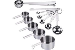 JIZZU 12Pcs Juego Cucharas Medidoras de Metal con Regla de Medición&Clip y Tazas Medidoras de Acero Inoxidable para Hornear, Vaso Medidor Cocina, Medir Porciones con Escala Precisa de 0.3ml a 250ml