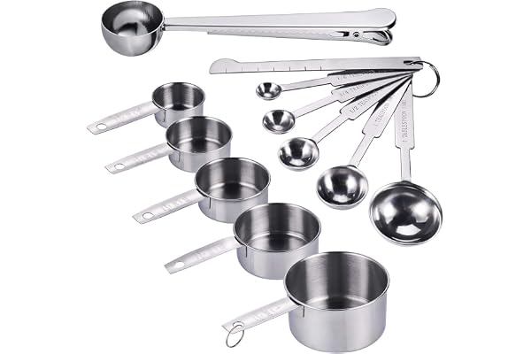 JIZZU 12PCS Cuillères et Tasses à mesurer en Acier Inoxydable, 5 Cuillères à Mesurer, 5 Tasses à Mesurer, Scoop avec Clip, Règle de Mesure, Doseurs Cuisine pour Sec et Liquide ingrédients
