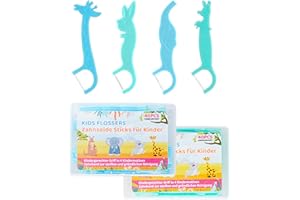 ZITFRI Hilo dental para niños 80 unidades Hilo Dental Infantil hilo Dental con mango ergonómico Seda Dental niños con 4 mangos coloridos en forma de animal (verde y azul)