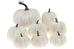 Gresorth 8pcs Assorted Size Fake Handmade White Velvet Pumpkins Artificial Fall Harvest Halloween Decoration for Home Kitchen Farmhouse Thanksgiving Wedding Festival