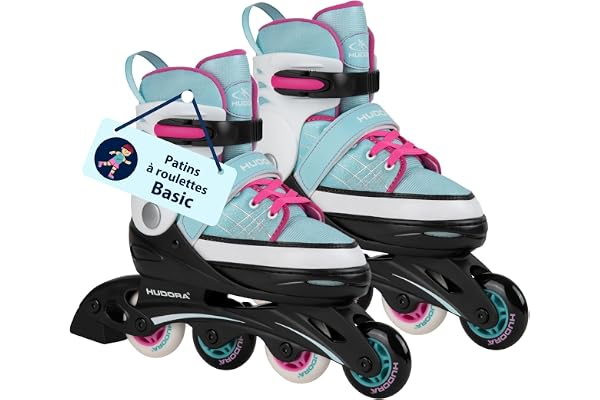 HUDORA Patins à Roues alignées Basic Bleu/Menthe - Patins pour Enfants & Adolescents en différentes Tailles - Patins à roulettes Ajustables jusqu'à 4 Tailles - Idéal comme modèle de départ