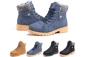 HITMARS Ladies Ankle Boots Womens Snow Shoes Fur Lined Winter Combat Boot Warm Lace Up Plat PU Leather Booties Comfy Fashion Outdoor Black Grey Brown 3.5-9 UK