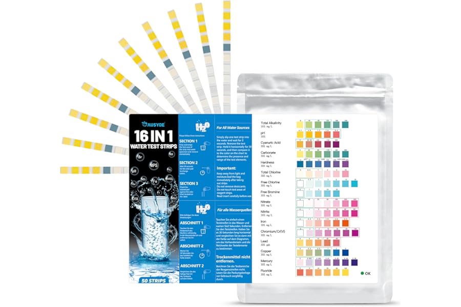 ausyde 50-Pack 16-in-1 Water Test Strips for Drinking Water - Measure Water Hardness, Free Chlorine, Iron, Copper, Lead, Nitrate Content and More