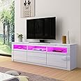 Senvoziii TV Cabinet, White Gloss TV Stand Unit with Led Lights, Modern TV Stand Storage with 2 Drawers 2 Doors, TV Entertainment Unit for Living Room Furniture Decor, 160x35x60cm