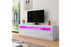 Senvoziii TV Cabinet, White Gloss TV Stand Unit with Led Lights, Modern TV Stand Storage with 2 Drawers 2 Doors, TV Entertainment Unit for Living Room Furniture Decor, 160x35x60cm
