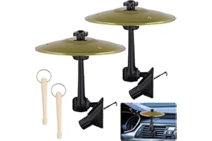 CATIME 2 Pcs Cymbale Crash Voiture, Réglable 360°, 2 Têtes Pivotante, 14 cm Mini Cymbale Tambour Acier Inoxydable avec 2 Mini Baguettes, Batterie Musique, Grille Aération Voiture, Véhicules Voyage