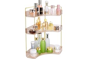 Lnueovcn Makeup Organiser, Corner Skincare Organiser-Large Makeup Storage Shelf Dressing Table Organiser, Cosmetics Organiser for Perfume,Bedroom,Bathroom Organiser Countertop (3 Tiers,Amber)