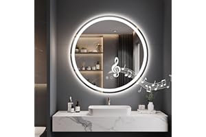 Dripex 600 mm Bluetooth Round LED Bathroom Mirror, Illuminated Circle Bathroom LED Mirror with Speaker, Anti-fog, Wall Mounted, 3 Lighting Modes, Dimmable, Front+Backlit, IP44