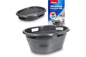 Vileda Vikbar tvättkorg 40 l, platsbesparande hopfällbar tvättkorg med fyra bärhandtag, robust tvättbehållare för badrum, sov