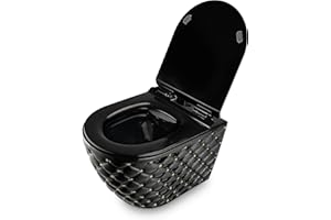 RD Luxury® | WC suspendu noir avec boutons dorés, ensemble mural complet sans rebord, design avec abattant Softclose, idéal pour les toilettes modernes des invités. Inclus : kit d'isolation phonique.