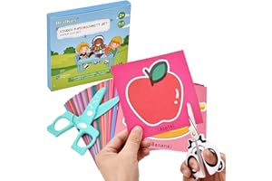 DealKits Lot de 2 ciseaux de découpe de papier pour enfants (1 x PVC + 1 lame en acier inoxydable) + 48 feuilles de papier, kit de découpe de papier amusant, jouet éducatif