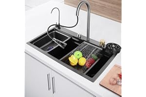 Fulgutonit Évier de Cuisine Cascade Multifonctionnel,Éviers de Cuisine en Acier Inoxydable,Evier de Cuisine Nano Raindance Noir 1 Bac avec Robinetterie Extractible Rinceuse en Verre(75x46cm)