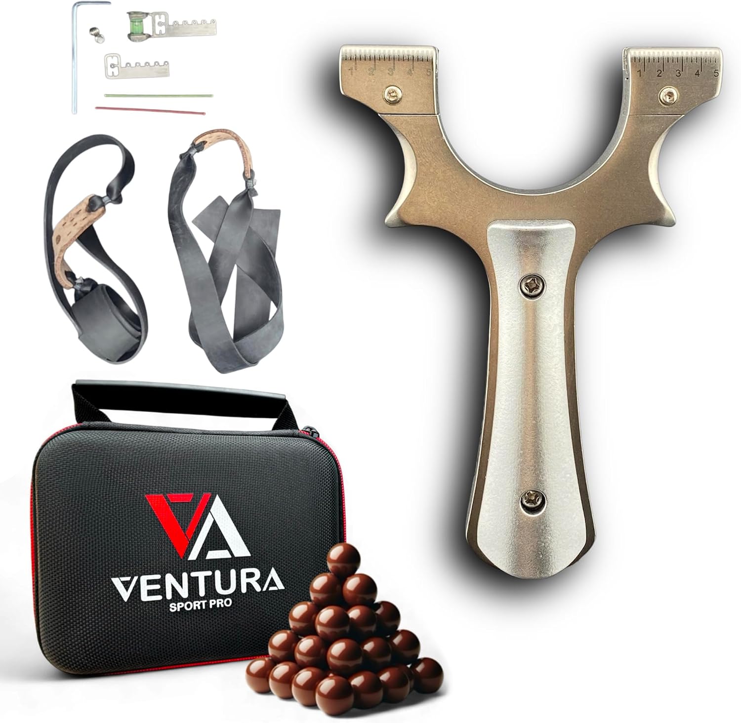 VENTURA SPORT PRO Tirachinas Clásico de Acero Inoxidable + 100 Gramos Munición de Arcilla 9 mm