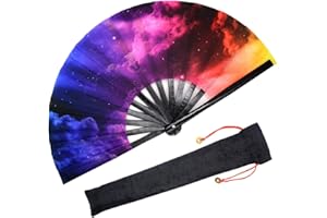 OMyTea Großer Rave Faltbarer Handfächer für Männer Frauen - Chinesischer Japanischer Kung Fu Tai Chi mit Stofftasche Auftritte, Dekorationen, Tanzen, Festival, Geschenk (Galaxienebel)