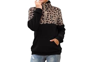 GENERISCH 1/4-Reißverschluss Damen Teddy Pullover Leopardenmuster Warm Sherpa Teddy-Fleece Sweater Damen-Fleece-Pullover Weich gemütlich Oversize Langarmshirt für Frauen Mit Taschen