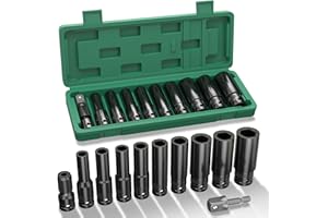 KeZaara 1/2" Set Chiavi a Bussola Esagonali, Cassetta Chiavi a Bussola 11 Pezzi, 10-24mm, e 2 Adattatore a Bussola 1/4", para Riparazioni Auto Cambio Gomme