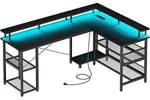 ODK Scrivania Gaming con LED, Scrivania Gaming Reversibile con Multipresa, Grande Scrivania Gaming Angolare con Ripiano in Rete Nero 168×120cm