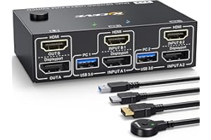 ESKEVE Commutateur KVM double écran 4K @ 60Hz, DisplayPort HDMI KVM Switch 2 PC 2 moniteurs, commutateurs KVM avec 4 ports USB 3.0 pour 2 PC partager le clavier, la souris et le moniteur