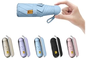 BAODINI, Mini ombrello da viaggio con custodia, piccolo, compatto, con protezione solare anti-UV, leggero, piccolo, tascabile, Azzurro, Mini