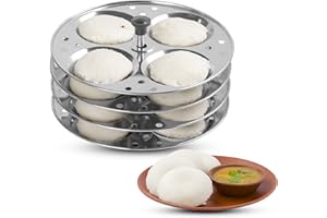 KSJONE Idli-Ständer aus Edelstahl | 4 Teller Idli | Idli-Zubereitung | Hochwertiger Idli-Ständer in Lebensmittelqualität | ergibt 16 Idlis (4 verschiedene Formen) (rund)