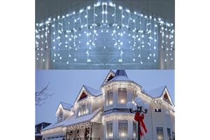Joomer Luci Natale Esterno Cascata, 9M 300LED Luci Natalizie da Esterno con Timer Funzione, 8 Modalità LED Luci Stringa adattatore per matrimonio Tetto Casa Bar Natalizia Decorazione(Bianco Freddo)
